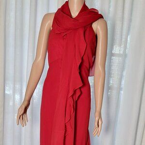 Melinda Eng red silk gown with shawl. cascade ruffle detail size 4 sleeveless